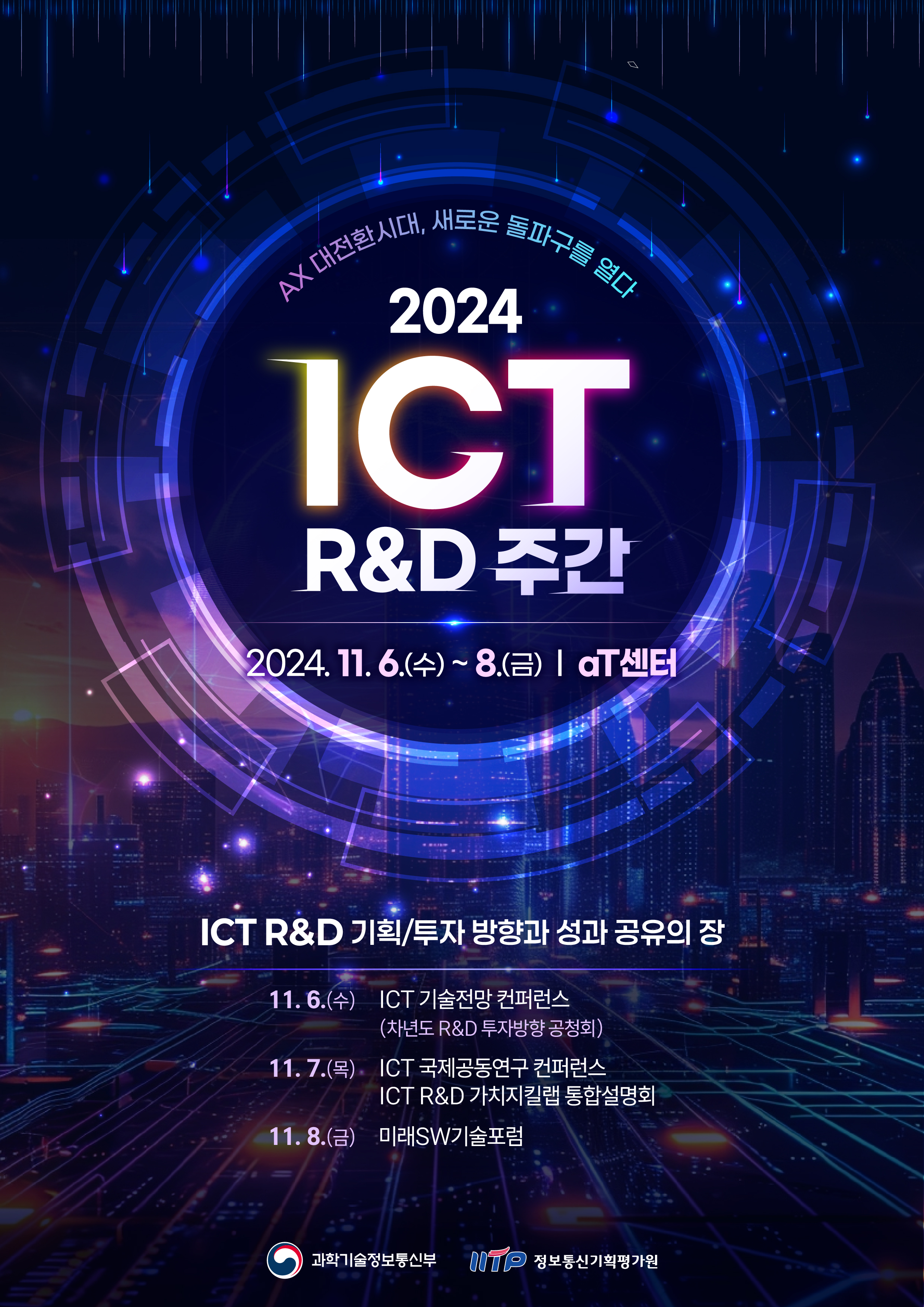 

AX 대전환시대, 새로운 돌파구를 열다
2024 ICT R&D 주간
2024.11.6.(수)~8.(금) | aT센터

ICT R&D 기획/투자 방향과 성과 공유의 장
11.6.(수)
ICT 기술전망 컨퍼런스 (차년도 R&D 투자방향 공청회)
11.7.(목)
ICT 국제공동연구 컨퍼런스
ICT R&D 가치지킬랩 통합설명회
11.8.(금)
미래SW기술포럼

과학기술정보통신부 
IITP 정보통신기획평가원

